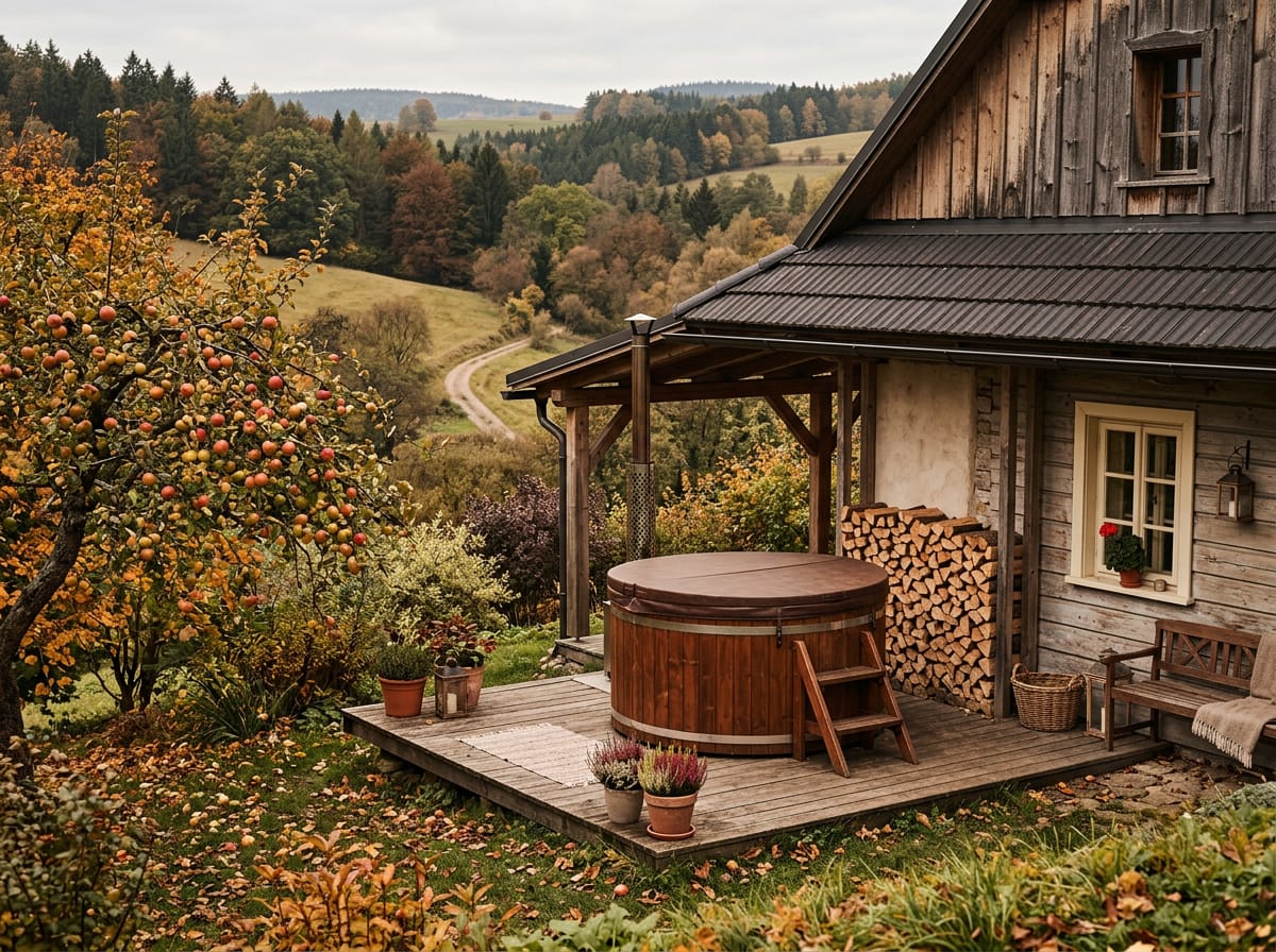 Chata s krytou vířivkou a zásobou dřeva na podzim. Ilustrační obrázek.